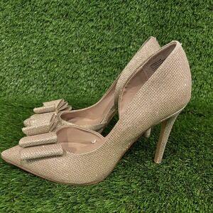 Betsey Johnson Parisss Glitter Champagne Gold Bow Front Heels Shoes 8.5